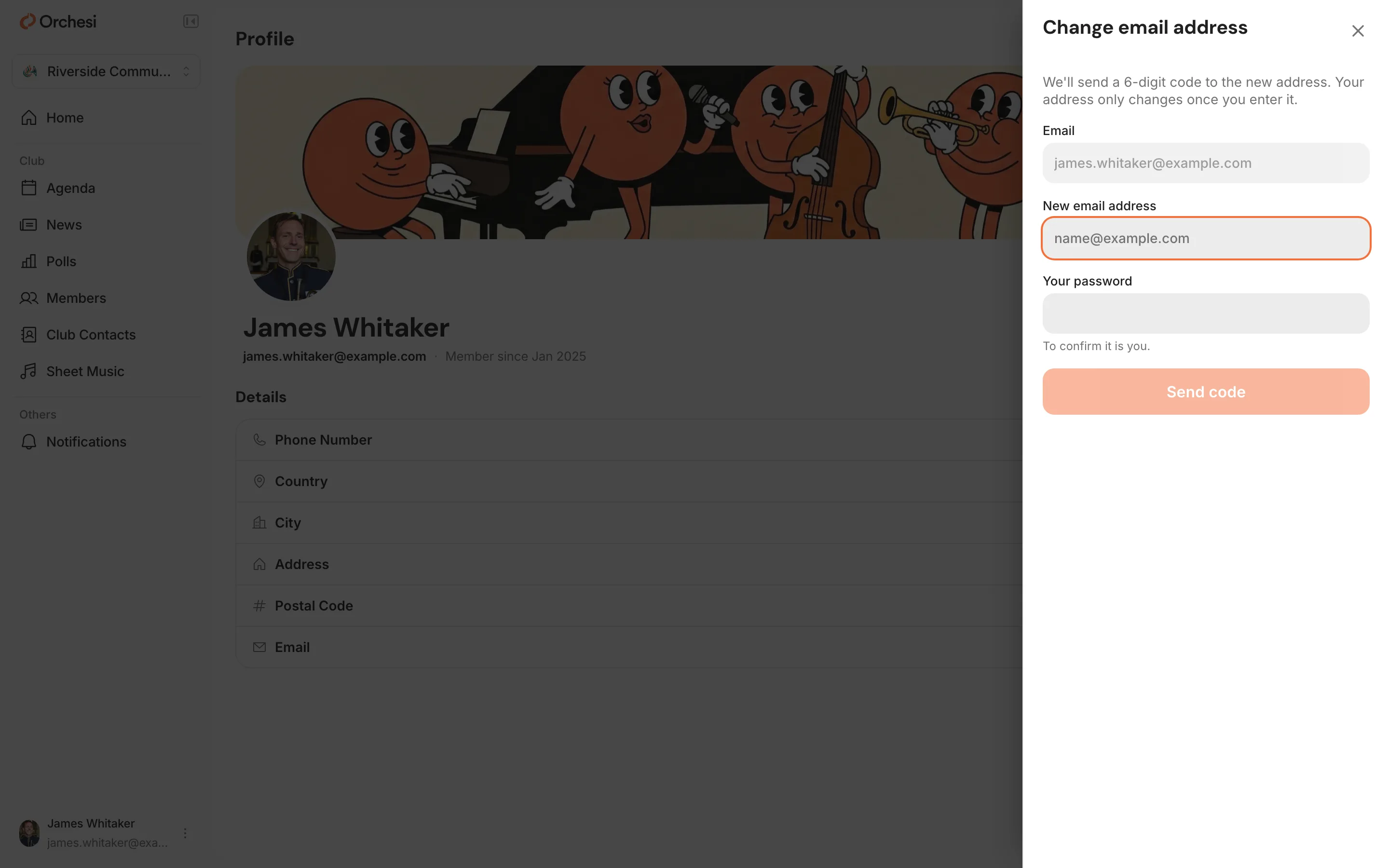The Change email address window: the current email address, the New email address and Your password fields, and the Send code button.