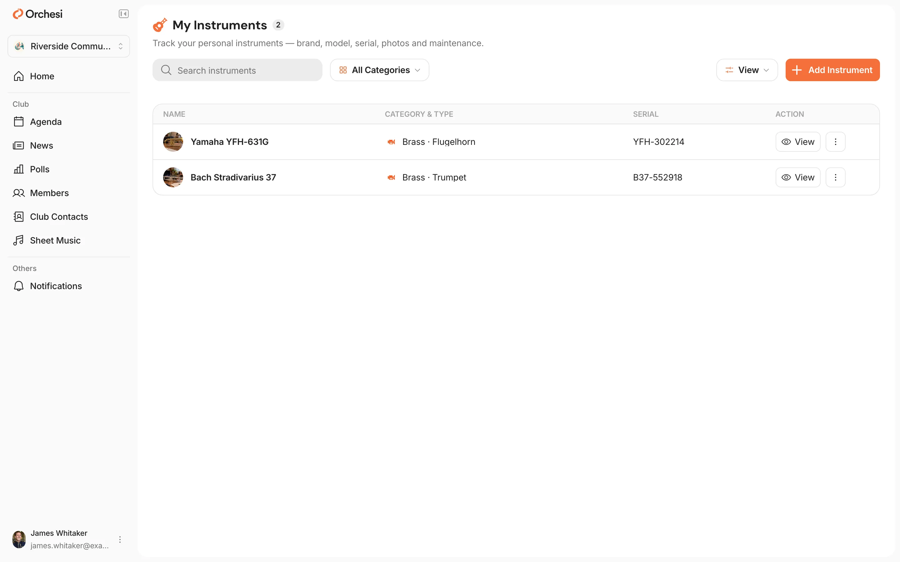 My Instruments in the web app: a table with two personal instruments (name, category and type, serial number and View), the search field, All Categories and the Add Instrument button at the top right.