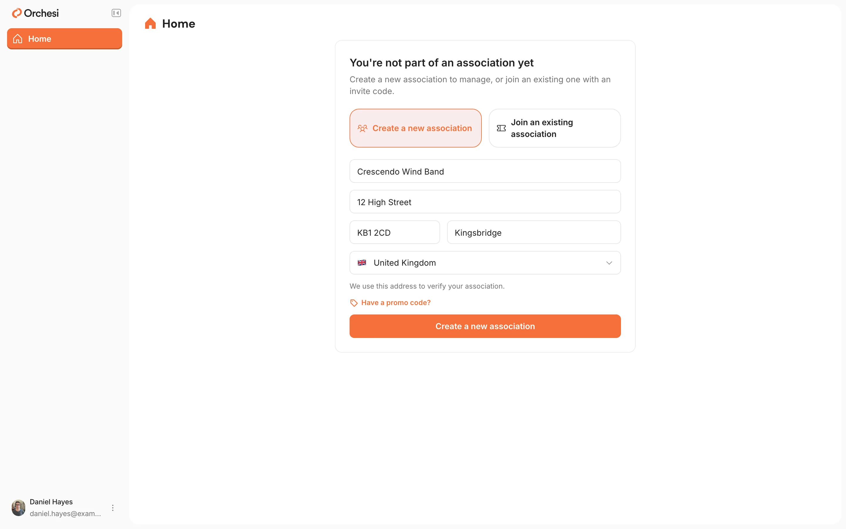 Home of a new account without an association: You're not part of an association yet, with the choice Create a new association or Join an existing association; the form for a new association is filled in as an example, with United Kingdom chosen in the country list and Have a promo code? below it.
