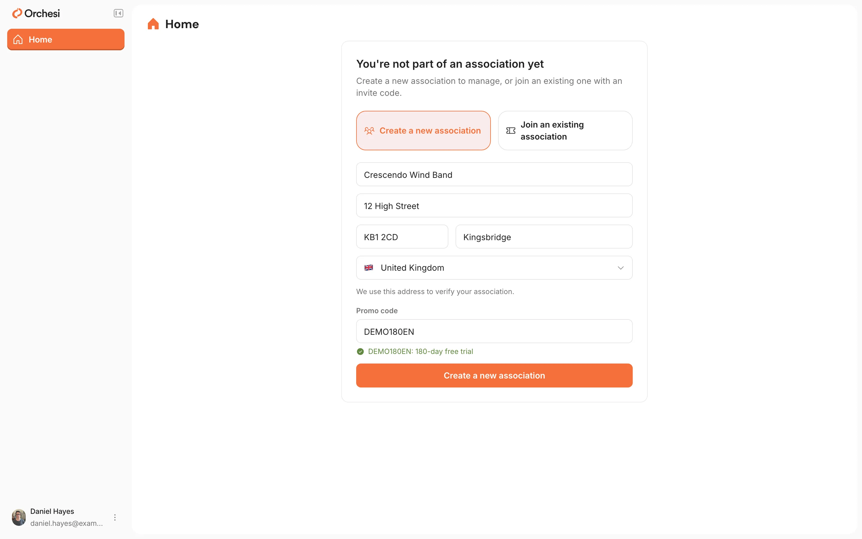 The Create a new association form, filled in as an example, with the code DEMO180EN under Promo code and the check below it: DEMO180EN: 180-day free trial.