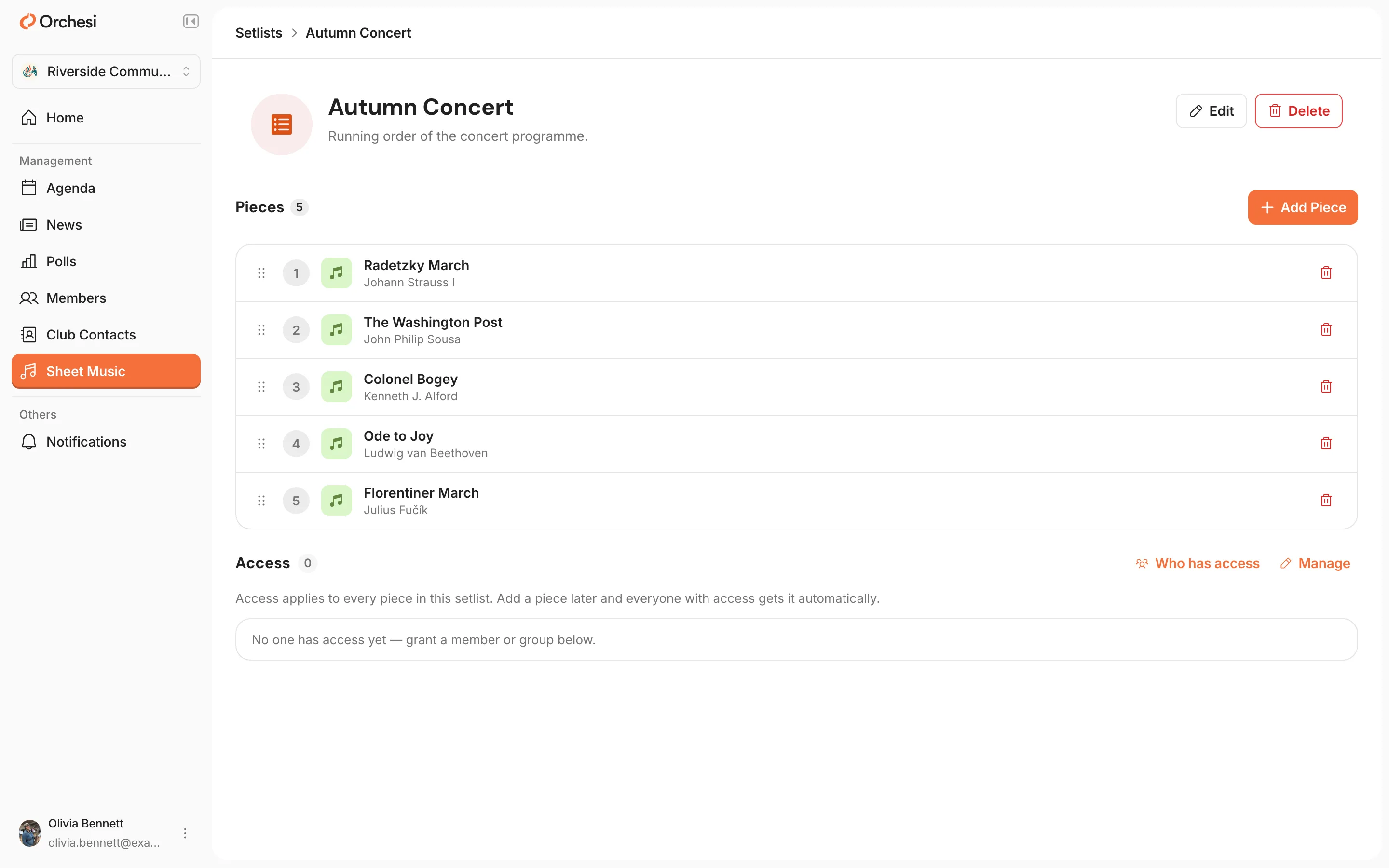 A setlist in the web app with its numbered pieces in concert order, the Add Piece button and, below, Access with Who has access and Manage.
