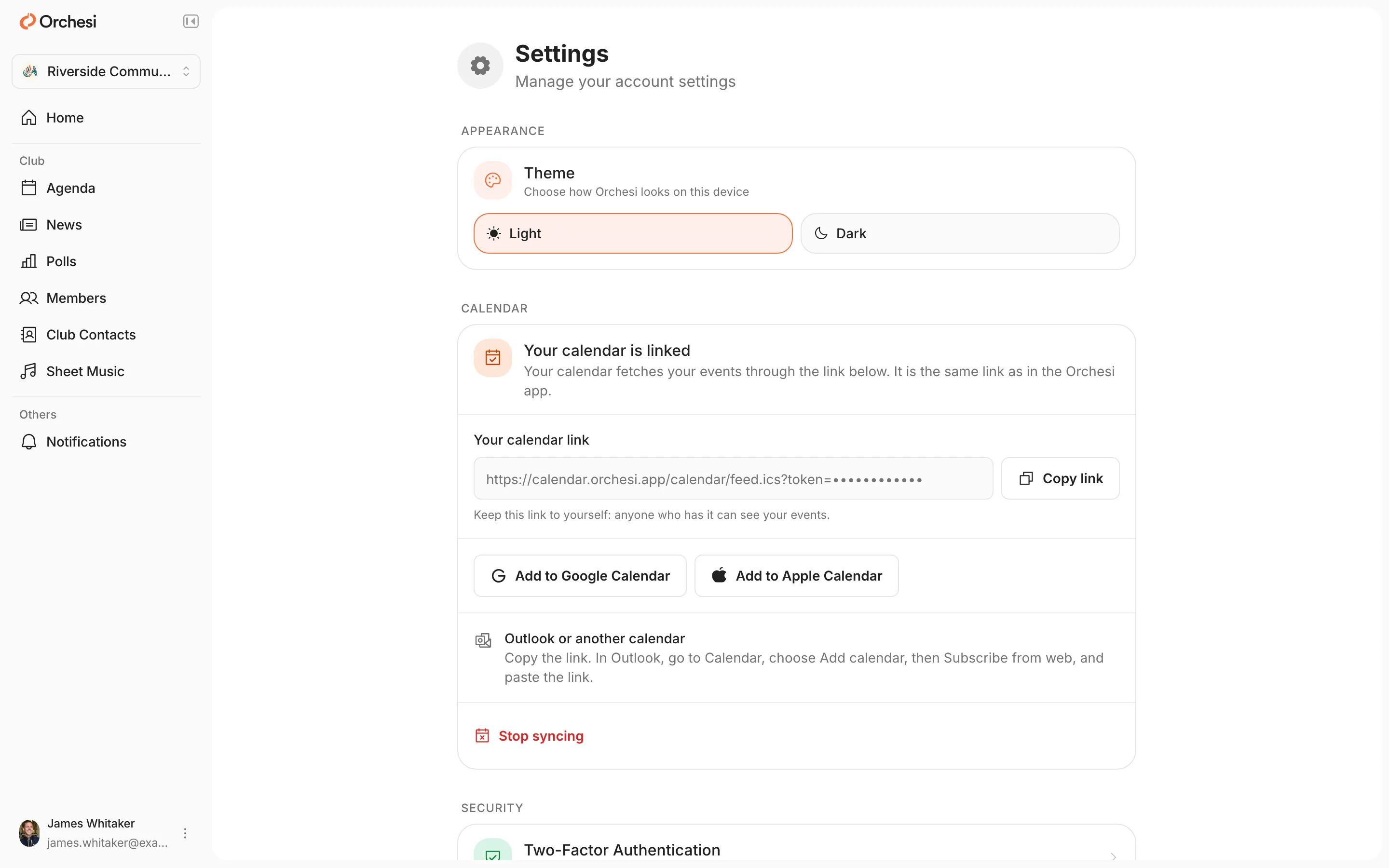 The web app settings, Calendar section: Your calendar is linked, the calendar link with Copy link, the Add to Google Calendar and Add to Apple Calendar buttons, Outlook instructions and Stop syncing.