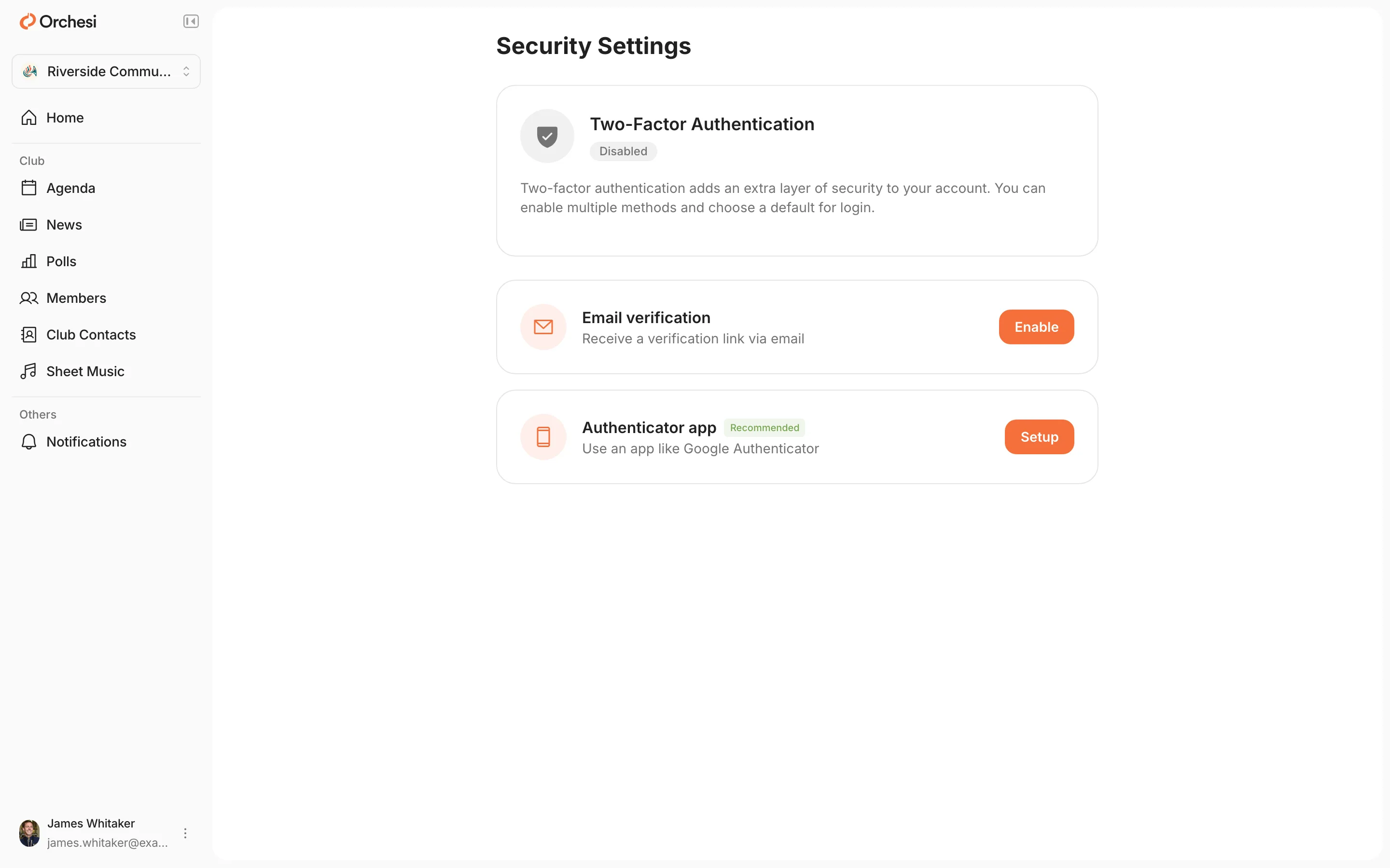 The Security Settings page: Two-Factor Authentication is Disabled, with the methods Email verification (Enable button) and Authenticator app, Recommended (Setup button).