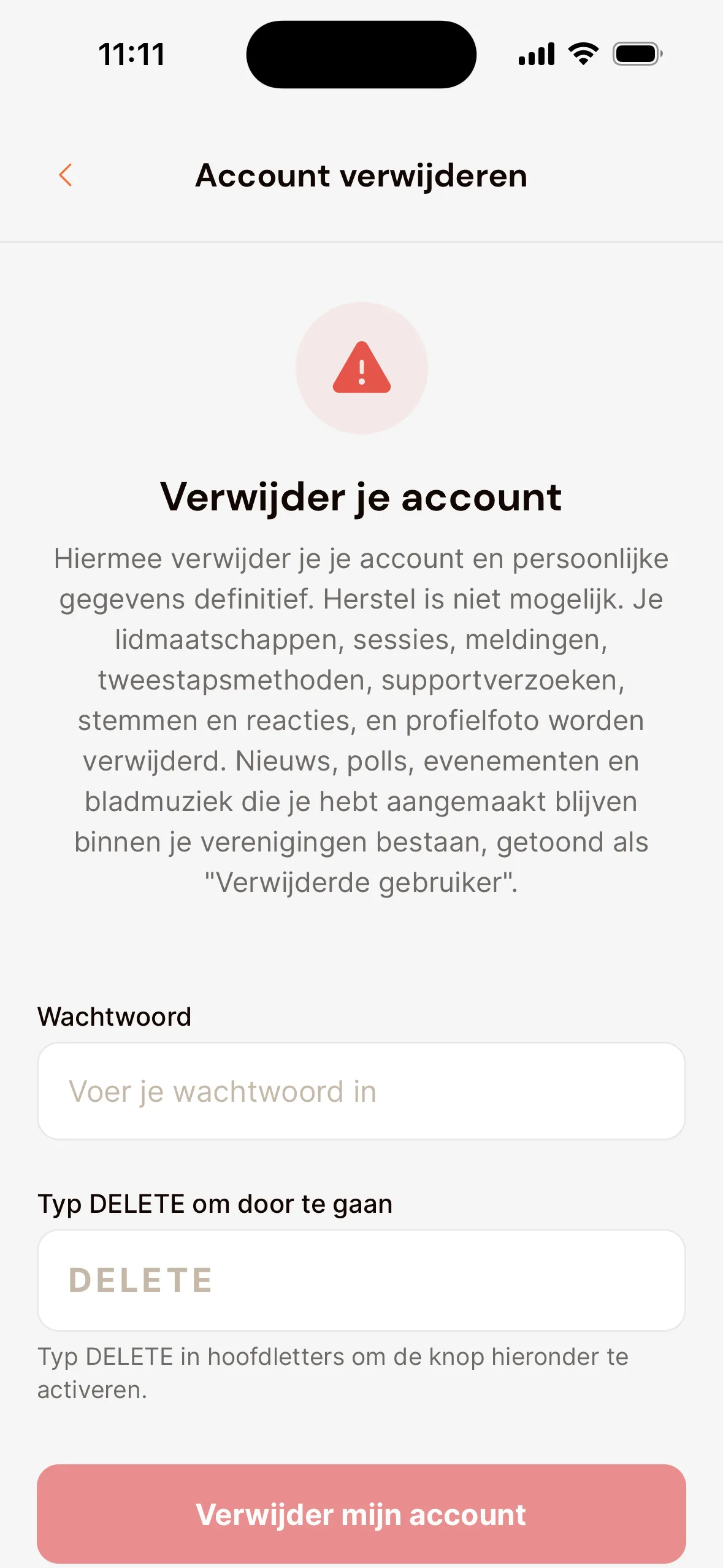 Het scherm Account verwijderen in de app: uitleg onder Verwijder je account, het veld Wachtwoord, het veld Typ DELETE om door te gaan en onderaan de knop Verwijder mijn account.