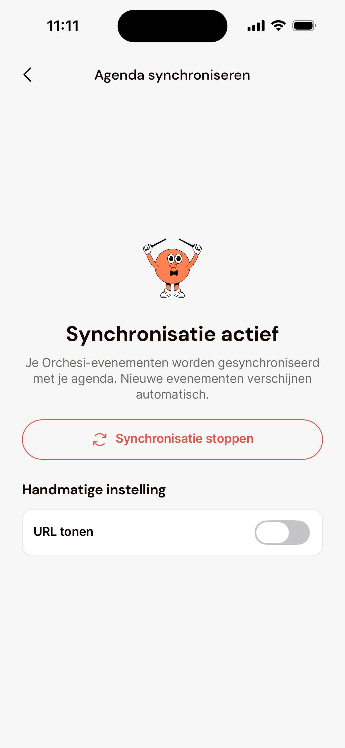 Het scherm Agenda synchroniseren in de app met de melding Synchronisatie actief, de knop Synchronisatie stoppen en onder Handmatige instelling de schakelaar URL tonen.