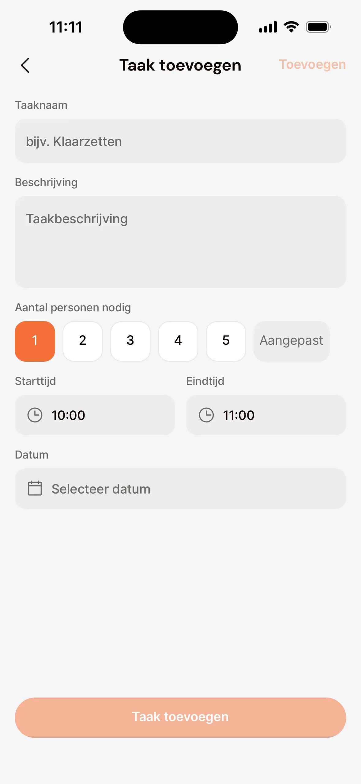 Het scherm Taak toevoegen in de app: de velden Taaknaam en Beschrijving, Aantal personen nodig (1 tot 5 of Aangepast), Starttijd, Eindtijd en Datum, en de knop Taak toevoegen.