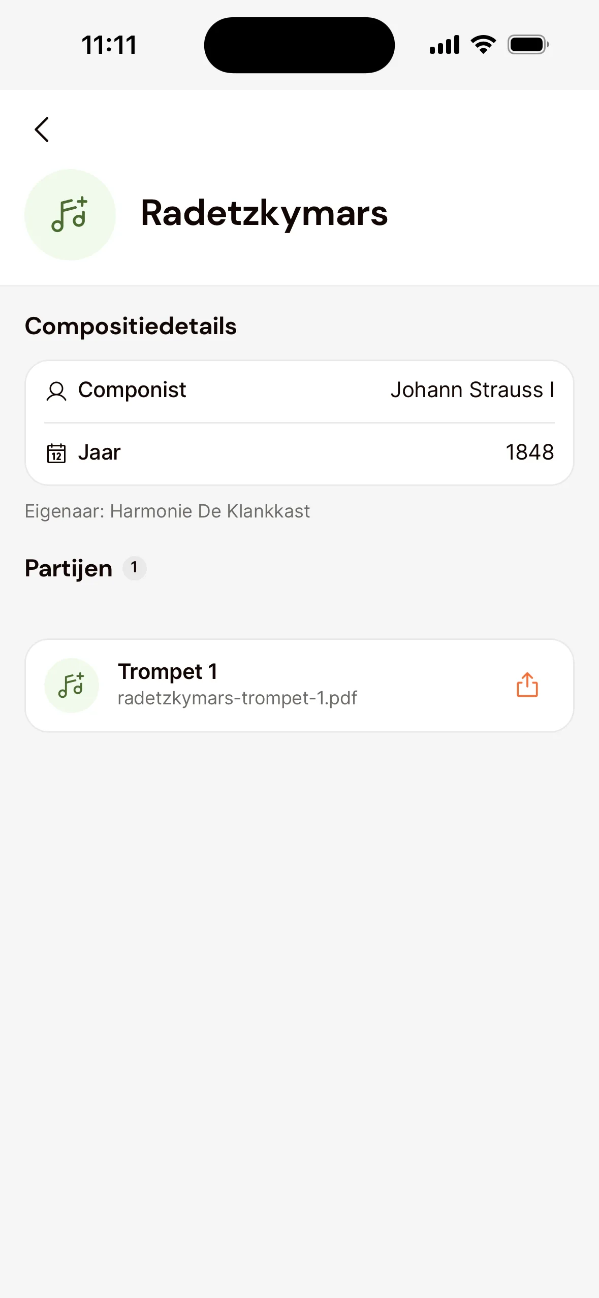 Een werk in de app zoals een lid het ziet: de titel, onder Compositiedetails de componist en het jaar, en onder Partijen de eigen partij als pdf.