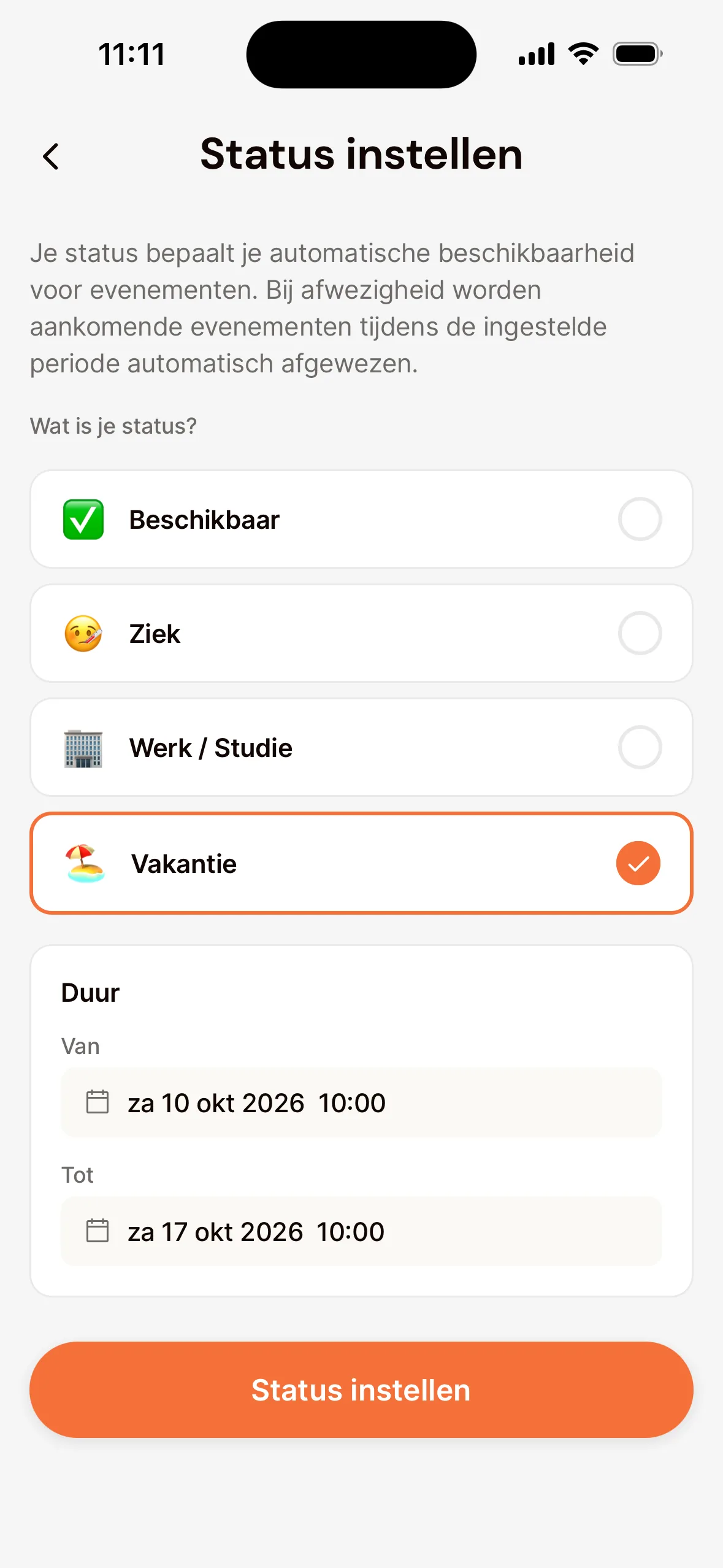 Het scherm Status instellen in de app: onder Wat is je status? is Vakantie gekozen, onder Duur de velden Van en Tot, en de knop Status instellen.