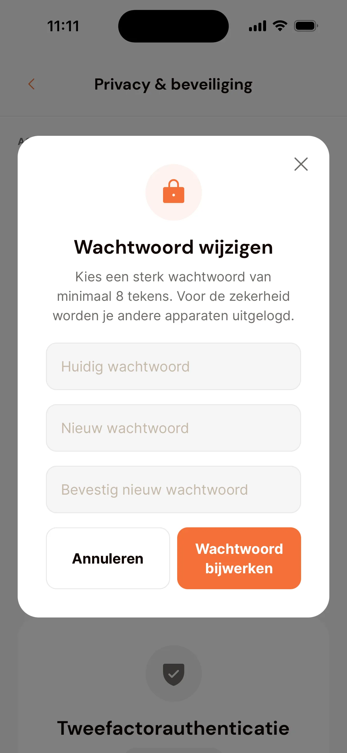 Het venster Wachtwoord wijzigen in de app: de velden Huidig wachtwoord, Nieuw wachtwoord en Bevestig nieuw wachtwoord, en de knoppen Annuleren en Wachtwoord bijwerken.