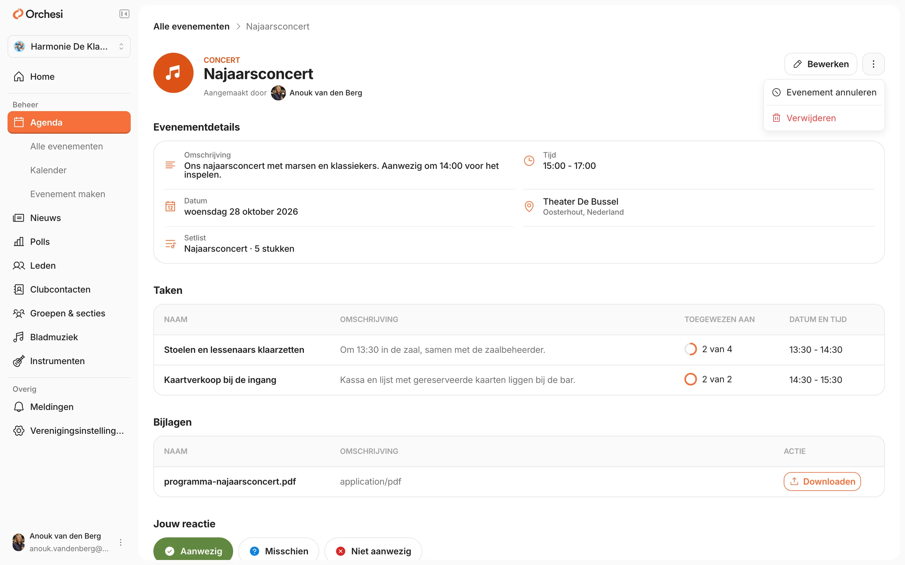 Het najaarsconcert zoals een beheerder het ziet, met rechtsboven Bewerken en het geopende menu met Evenement annuleren en Verwijderen.