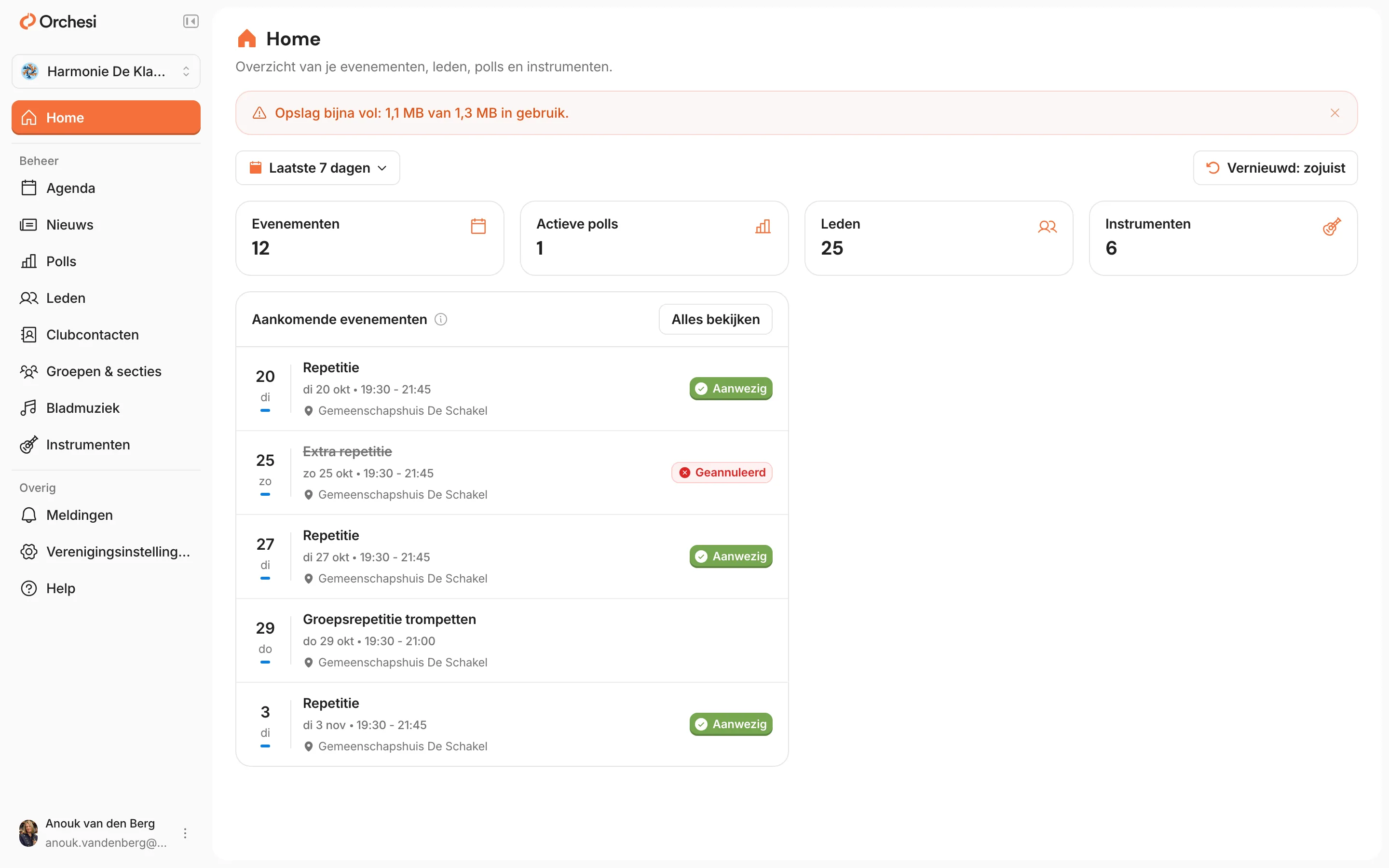 Home in de web-app zoals een beheerder hem ziet, met bovenaan de melding Opslag bijna vol en hoeveel ruimte er in gebruik is van het totaal, met rechts een kruisje om de melding te verbergen.