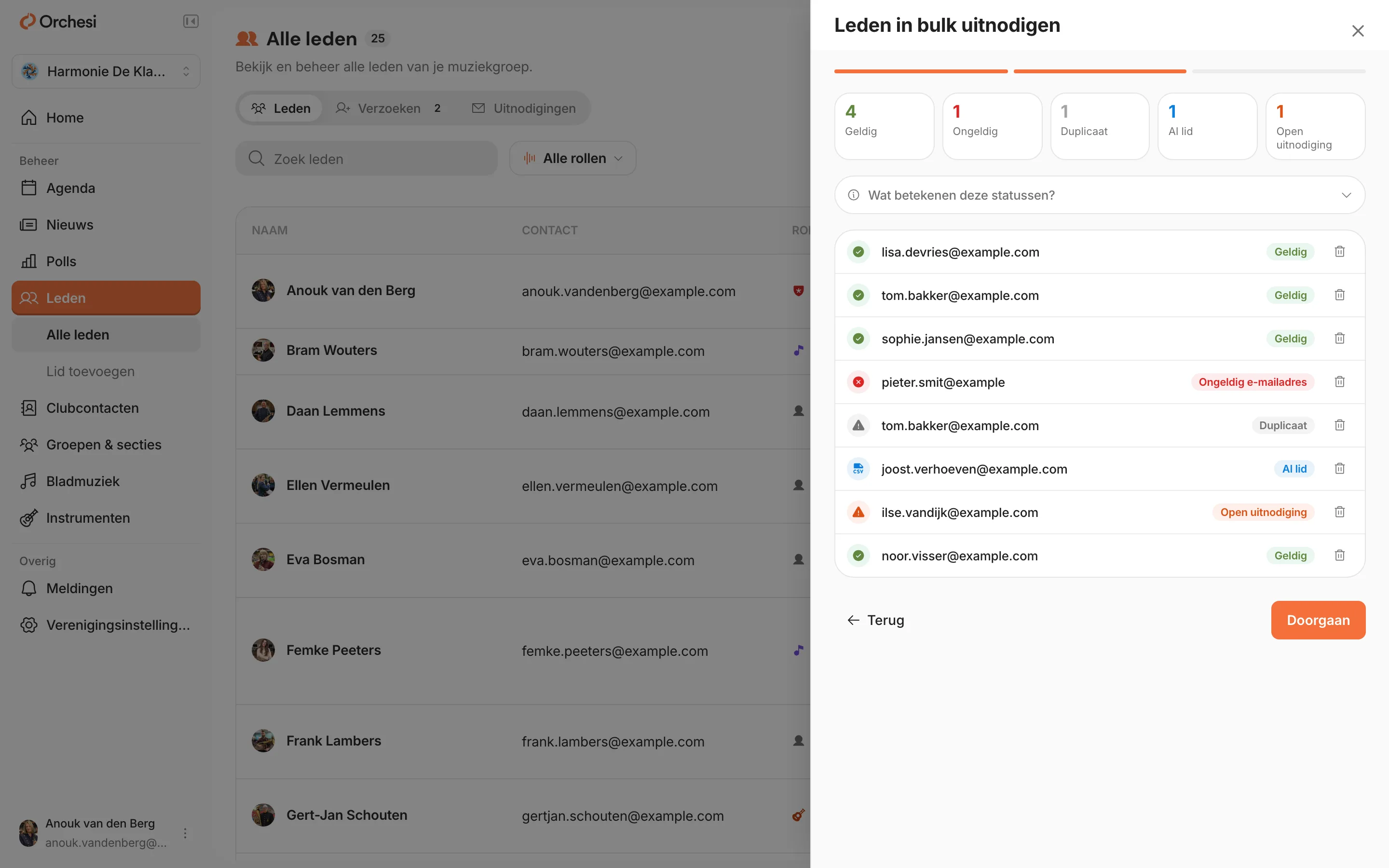 De voorvertoning van een import: bij elk e-mailadres een status (Geldig, Ongeldig e-mailadres, Duplicaat, Al lid, Open uitnodiging), met onderaan de knop Doorgaan.