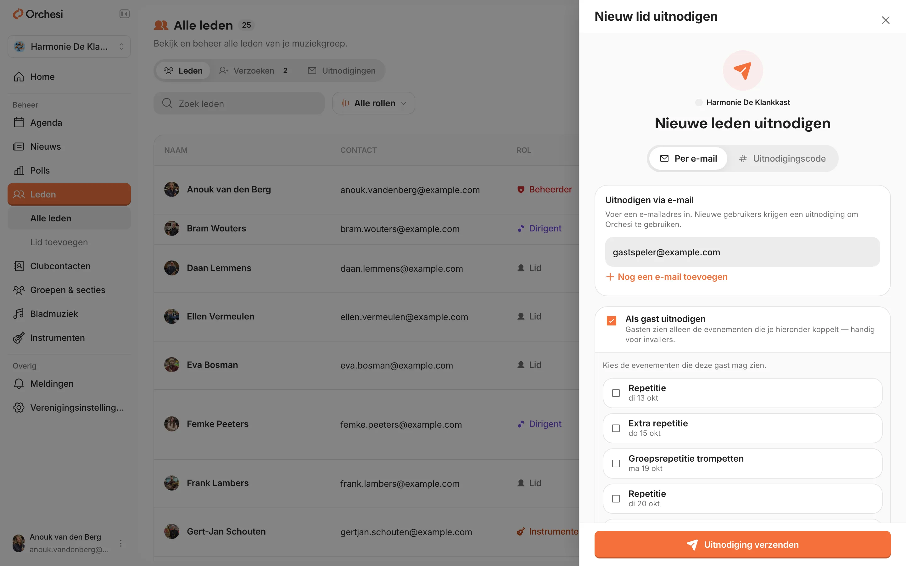 Het venster Nieuw lid uitnodigen met een e-mailadres ingevuld en Als gast uitnodigen aangevinkt: onder Kies de evenementen die deze gast mag zien de komende repetities en het concert om aan te vinken.