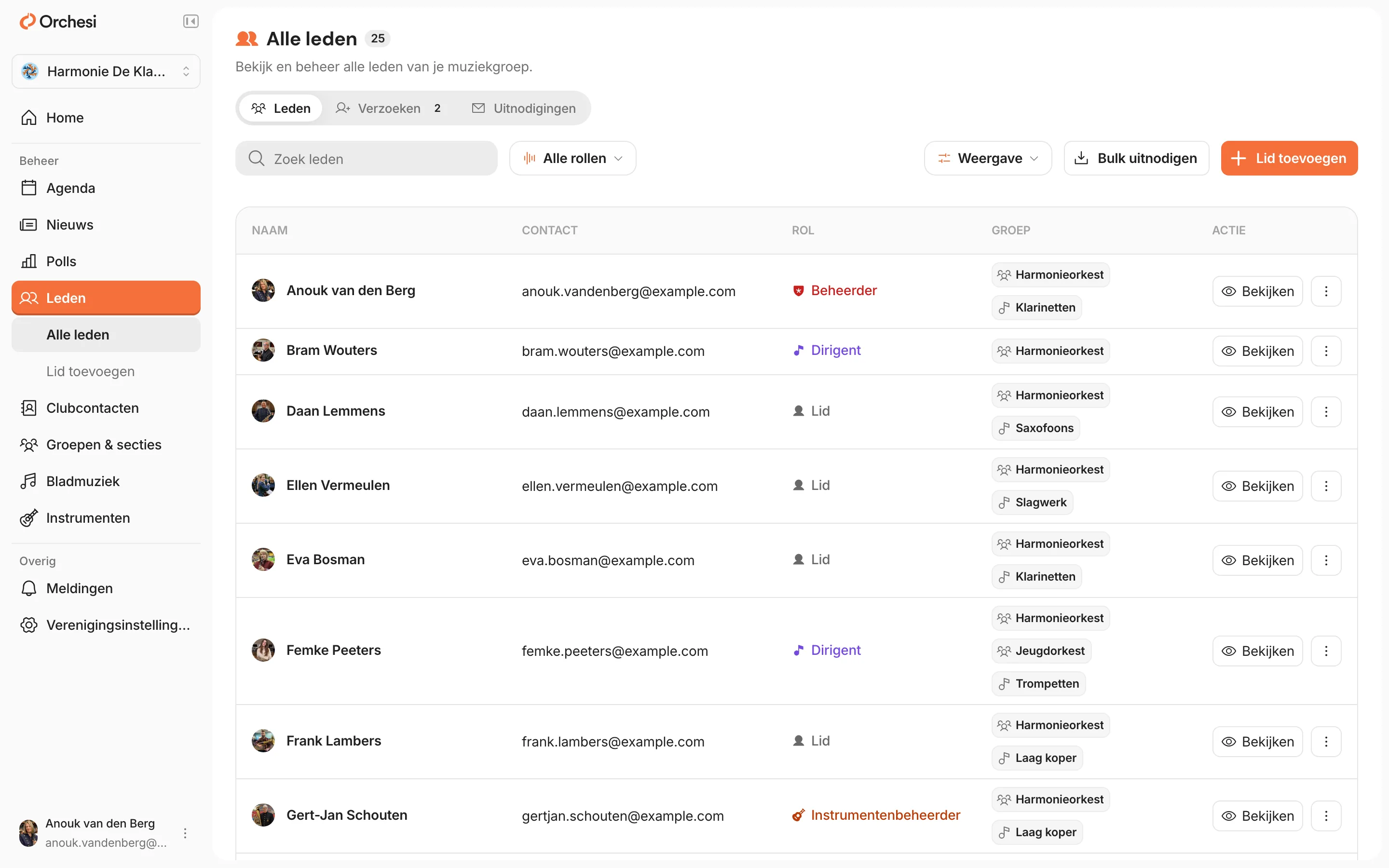 De ledenpagina in de web-app, met rechtsboven de knop Bulk uitnodigen naast Lid toevoegen.