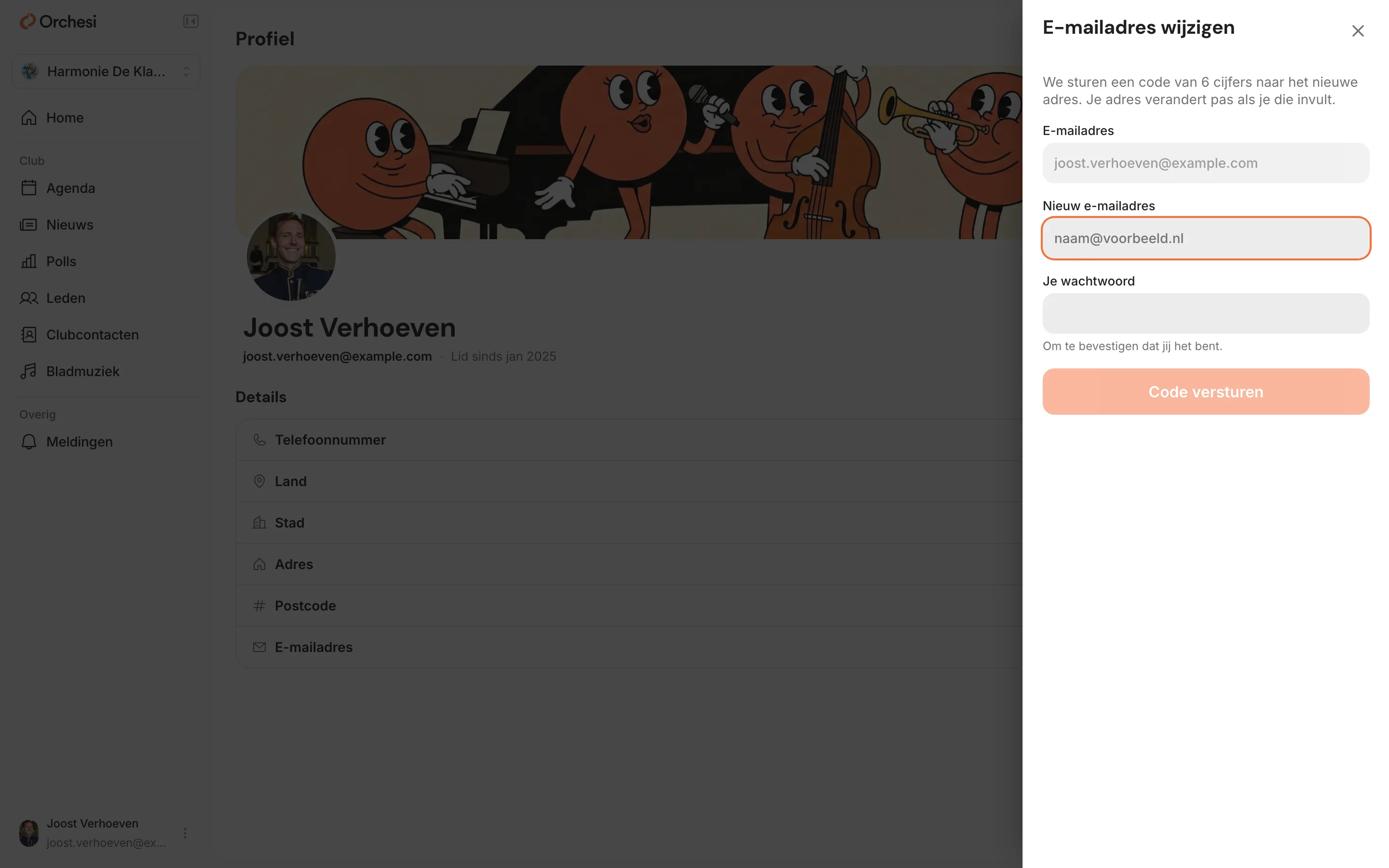 Het venster E-mailadres wijzigen: het huidige e-mailadres, de velden Nieuw e-mailadres en Je wachtwoord, en de knop Code versturen.