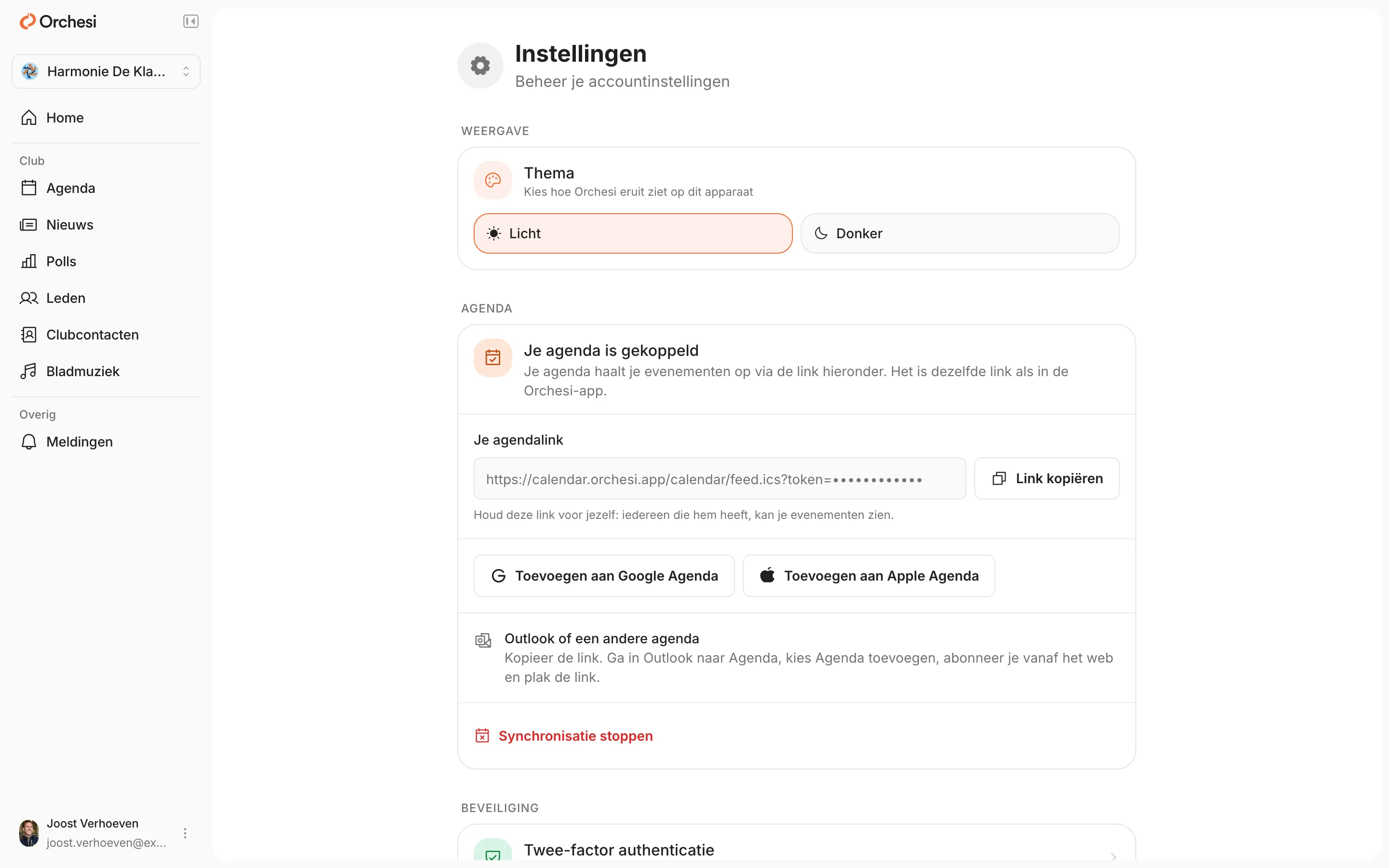De instellingen in de web-app, onderdeel Agenda: Je agenda is gekoppeld, de agendalink met Link kopiëren, de knoppen Toevoegen aan Google Agenda en Toevoegen aan Apple Agenda, uitleg voor Outlook en Synchronisatie stoppen.